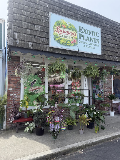 Lucianna's Garden storefront with exotic plants sign and plants around the entrance